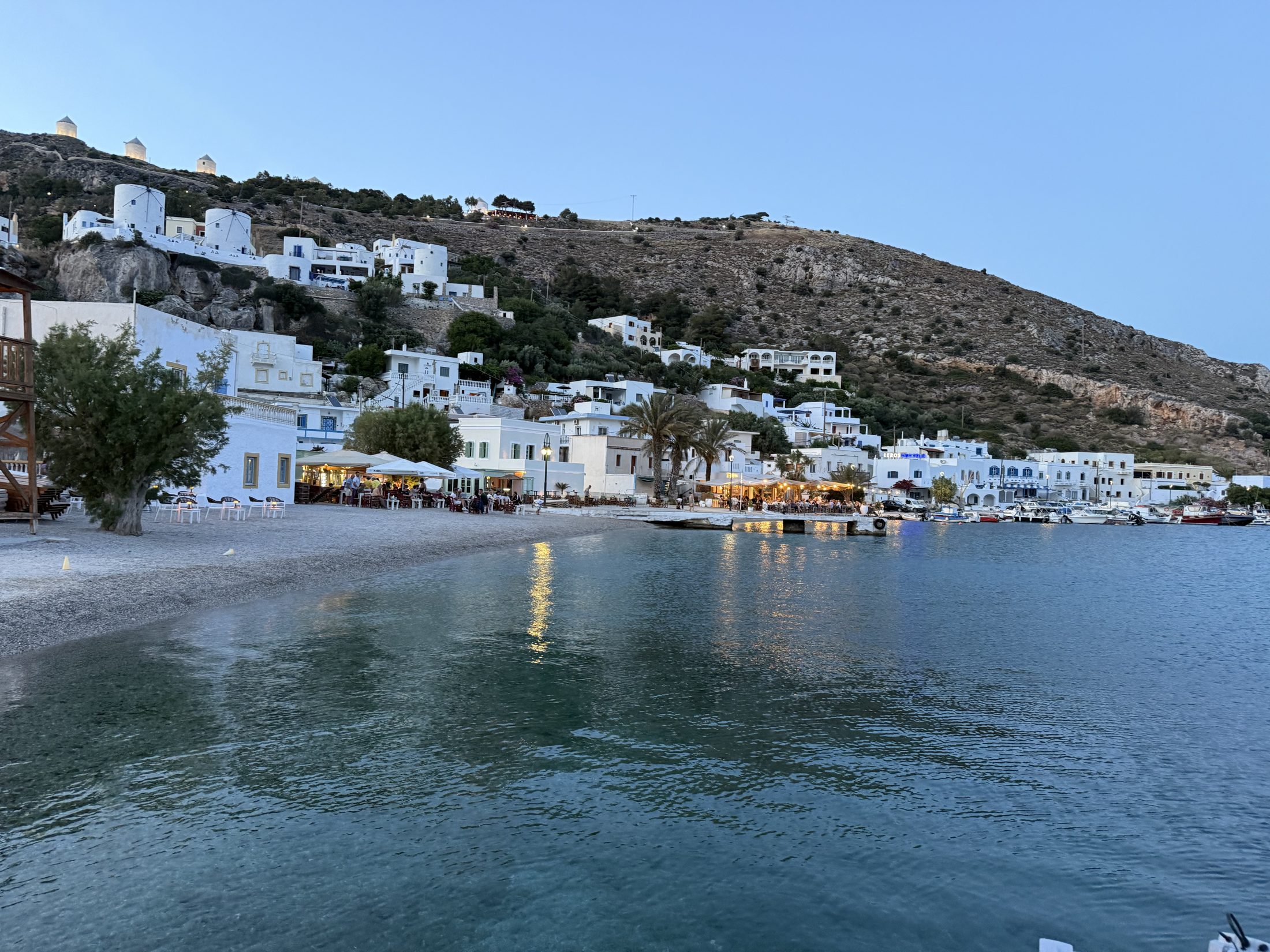 Waterfront and island houses on Leros at dusk